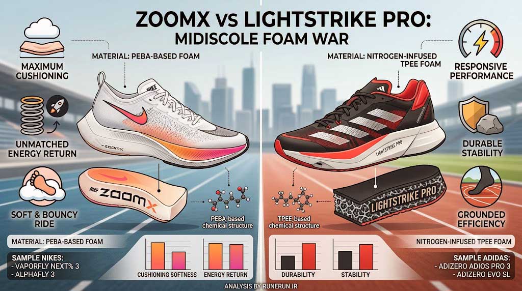 مقایسه فوم ZoomX نایکی و Lightstrike Pro